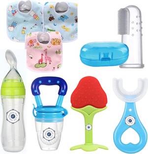 YOS TRENDZ Baby Fruit Feeder, Teether, Finger Brush, Bibs & Spoon Feeder Pack of 8  - Silicon