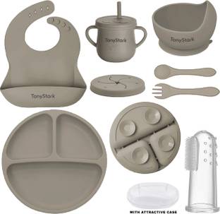 TONY STARK 6 Pcs Silicone Baby Feeding Set, Tableware Kit  - Feeding Bowl, Suction Plate, Cup, Spoon, Fork & Bib for Kids, Toddler - Silicone