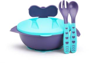 LuvLap Baby Feeding Bowl with Lid, Suction Cup, Spoon & Fork Set,  - Plastic + Silicone