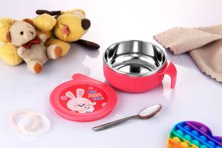 Nabhya Linex Inner Steel Plastic Feeding Bowl With Air Tight Lid & Steel Spoon 380ml  - Stainless Steel