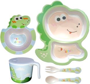 Deepashri Baby Feeding Dinosaur Theme Dinner Set for Kids (Plate, Bowl, Cup, Spoon & Fork)  - 100% Safe Bamboo Fiber