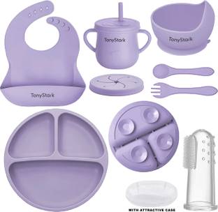 TONY STARK 6 Pcs Silicone Baby Feeding Set, Tableware Kit  - Feeding Bowl, Suction Plate, Cup, Spoon, Fork & Bib for Kids, Toddler - Silicone