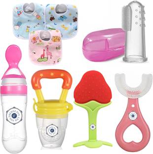 YOS TRENDZ Baby Fruit Feeder, Teether, Finger Brush, Bibs & Spoon Feeder Pack of 8  - Silicon