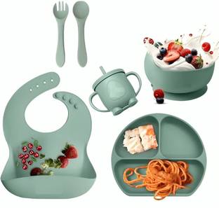 opriQ Silicone Baby Feeding Set, Baby Led Weaning Supplies Toddler Feeding Dish Set  - BPA Free -Silicone