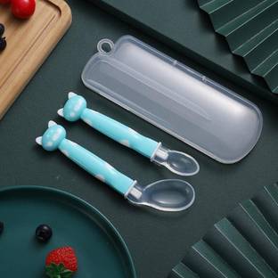 MOMSCAPE Silicone Baby Spoon Set Self Feeding Curve Spoon Soft Tip with Storage Box  - Cutlery Set, 4 M+, BPA Free, 2pcs, Silicone, Plastic