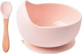 HENIJ Silicone Baby Feeding Bowl and Spoon Set, Suction Base and Wooden Spoon Kit  - Silicone