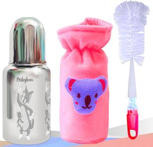 Babykom Stainless Steel Feeding Bottle/Velvet Bag/Nylone Brush (150ml) (3 Items)