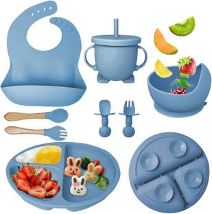 TREXEE Baby Feed 8 Pc Suction Bowl, Plate, Baby Spoon, Fork, Sippy Cup with Straw, Lid  - Silicone
