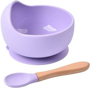 PLENARO Baby Feeding Bowl and Spoon Set, Silicone Suction Base and Wooden Spoon  - Silicone