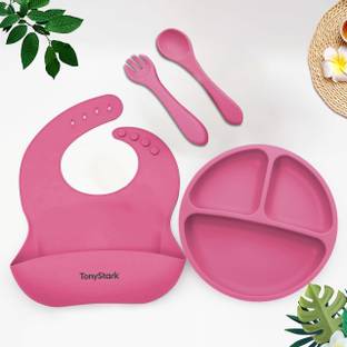 TONY STARK 4 Pcs Silicone Baby Feeding Set, Tableware Kit  - Suction Plate, Spoon & Fork, Bib for Kids, Toddler - Silicone