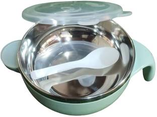 Yb Store Baby Steel Bowl with Spoon Set for Children  - stainless steel, polypropylene plastic, BPA Free