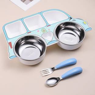 Bembika Compact Kids Crockery Set with Safety Utensils for Tiny Hands, Easy to Clean  - Stainless Steel