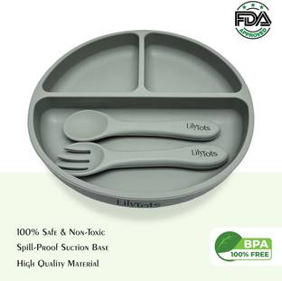 LilyTots Silicon Plate for Baby Kids with Soft Spoon Set | Strong Suction Base | BPA Free  - Silicone
