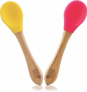 Beebaby Nurture Bambu Silicone Baby Feeding Spoons. 100% BPA Free Weaning Spoons.  - Wooden Handle, Silicone Tip