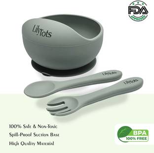 LilyTots Silicon Bowl for Baby Kids with Soft Spoon Set | Strong Suction Base | BPA Free  - Silicone