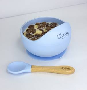 LilyTots Silicone Feeding Bowl & Spoon Set for Baby | Non Slip Suction Base | Food-Grade  - Silicon Bowl with Soft Tip Wooden Handle Spoon, Soft on Gums, Suitable for 6+ Months