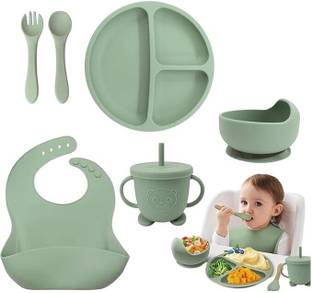 NIVKEZ 6 Pcs Silicone Baby Feeding Set with Suction Plate, Bowl, Cup, Spoon, Fork, Bib  - BPA Free -Silicone