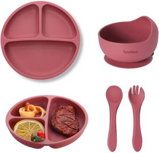 TONY STARK Baby Feeding Set for Kids,Toddler | Silicone 4 Pieces Tableware Kit  - Suction Plate, Feeding Bowl, Spoon & Fork, BPA Free -Silicone