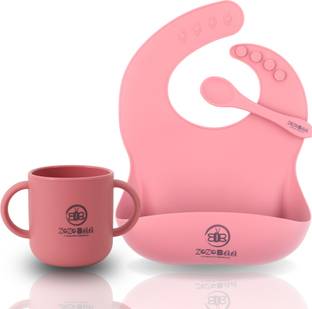 Zozobaa Silicone Baby Bib & Spoon With Two Handles Tiny Drinking Open Cup For Feeding  - 100 % Food Grade Silicone