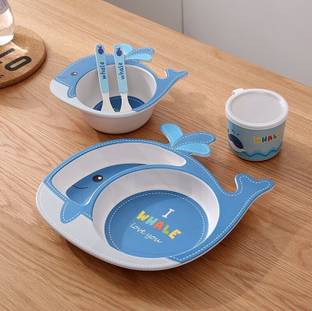 Nizomi Bamboo Fiber Dinner Set for Kids, Eco Friendly, Dishwasher Safe,Freezer Safe, Microwave Safe Material, Plate Bowl Cup Spoon & Fork Set, Unbreakable Baby Feeding Whel Animal Shape, Reusable Enjoy, Pasta, Noodle, Soup, Ice Cream & One Gift Inside The Box  - Bamboo Fiber