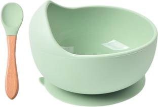 HENIJ Silicone Baby Feeding Bowl and Spoon Set, Suction Base and Wooden Spoon Kit  - Silicone