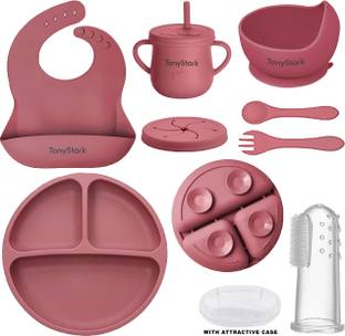TONY STARK 6 Pcs Silicone Baby Feeding Set, Tableware Kit  - Feeding Bowl, Suction Plate, Cup, Spoon, Fork & Bib for Kids, Toddler - Silicone