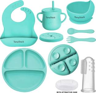 TONY STARK 6 Pcs Silicone Baby Feeding Set, Tableware Kit  - Feeding Bowl, Suction Plate, Cup, Spoon, Fork & Bib for Kids, Toddler - Silicone