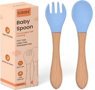 tutots Premium Silicone Wood Spoon & Fork Set BPA Free PVC Free  - Silicone, Wood