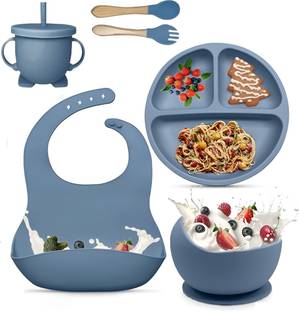 NIVKEZ Kids Silicone Baby Feeding Set 6Pcs with Suction Plate,Bowl,Cup,Bib,Fork & Spoon  - 100% Food-Grade Silicone