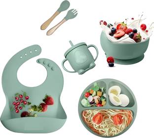 NIVKEZ 6 Pcs Silicone Baby Feeding Set with Suction Plate, Bowl, Cup, Spoon, Fork, Bib  - BPA Free -Silicone