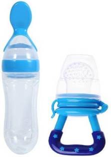 Saraswati kart Baby Food Feeder Bottle With Spoon And Silicone Fruit Nibler With Free Bibs 2pcs  - Silicon, BPA Free