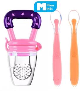 Millionminds 2pcs Baby Feeding Spoons & Teether for Kids Fruit Food Feeder (Combo Pack of 3)  - 100% Silicone Tip, BPA Free material with Food Grade Silicone tip