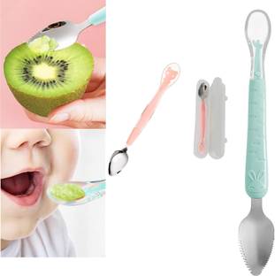 Busy Bear Double Head Baby Silicone, Steel Food Fruit Scraping & Feeding Spoon  - Steel