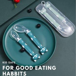 MOMSCAPE Silicone Baby Spoon Set Self Feeding Curve Spoon Soft Tip with Storage Box  - Cutlery Set, 4 M+, BPA Free, 2pcs, Silicone, Plastic