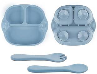 TONY STARK Combo of Silicone Suction Plate, Silicone Spoon & Fork For Baby Feeding  - Pack of 3 Baby Dinner Set, Silicone
