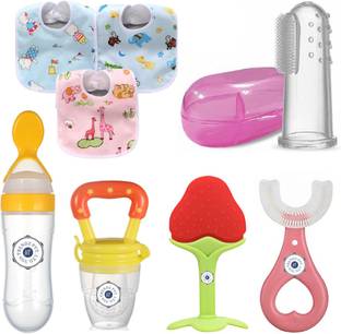 YOS TRENDZ Baby Fruit Feeder, Teether, Finger Brush, Bibs & Spoon Feeder Pack of 8  - Silicon