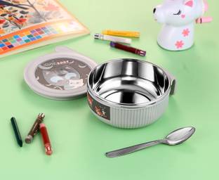 Nabhya Linex Inner Steel Plastic Feeding Bowl With Air Tight Lid & Steel Spoon 380ml  - Stainless Steel