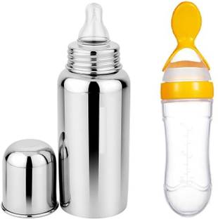 TheMomsCare Steel Bottle for Milk Feeding & Pink Spoon Bottle for Food Feeder 304 Grade  - Silicon, Steel