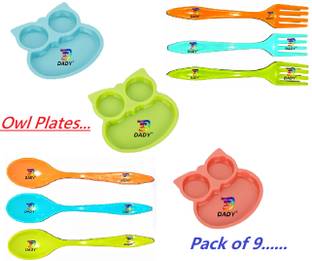 Dady Unbreakbale Owl Shaped Kids Snack Serving Plate with Spoons (Pack of 9 items)  - plastic