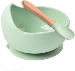 HEXONIQ Food Grade Silicone Suction Baby Feeding Bowl, Cup & Wooden Spoon Weaning Set  - Silicone