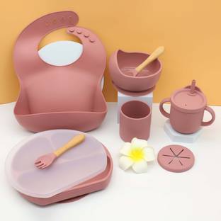 Little curious Baby feeding Set For Kids-Pink  - Baby Suction Plate, Feeding Bowl, Spoon, Bib, Fork, Sipper and Snack Cup, BPA Free