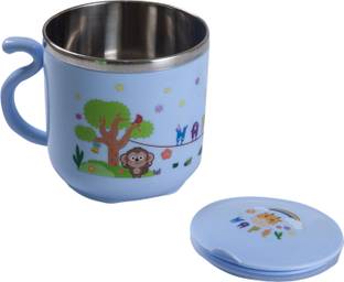 Baby Moo Stainless Steel Water Cup with Lid Happy Monkey Baby Feeding Cup For Age 1-10 Yr  - Food Grade Silicone