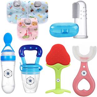YOS TRENDZ Baby Fruit Feeder, Teether, Finger Brush, Bibs & Spoon Feeder Pack of 8  - Silicon