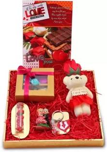 MANTOUSS Chocolate Box+Teddy with Rose+ Couple Statue+Message Bottle+Key Chain+Card Paper Plastic Gift Box