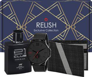 Relish Boys Gift Combo Black Watch, Wallet, Perfume | Gift Pack for Every Occasions. Assorted Gift Box