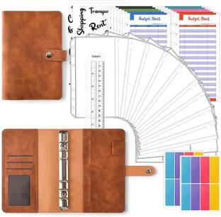 HASTHIP File Folders for Documents Ring Binder Notebook Set, A6 PU Leather File Folder 12 Envelopes, 12 Budget Sheets, 2 Label Stickers, 1 Ruler