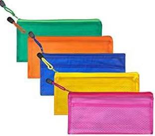 WeKonnect Plastic Zippered Pencil / Pen / Stationary / Cheque Book Case Travel Document Holder Bag Cosmetics Pouch (Colour May Vary, 23.5cm X 11cm) - Pack of 5