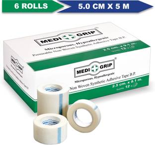 Medigrip Non Woven Paper Tape 5 cm X 5 m (Pack of 6) White First Aid Tape
