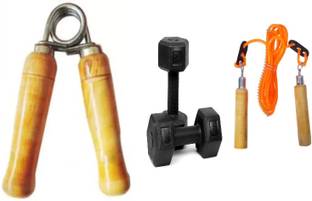 LIONER WOODEN HAND GRIP WITH 2KGX2PCS,1 Pair Dumbbells, 1 skiprope Home Gym Hand Grip/Fitness Grip
