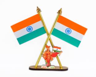 He and She SHOPPINGS Indian Flag Cross Design with Bharat MATA Symbol Stand for Car Dashboard Rectangle Car Dashboard Flag